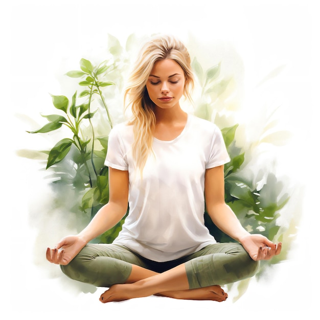 Ilustração em aquarela de uma mulher meditando abraçando relaxamento zen ioga e natureza