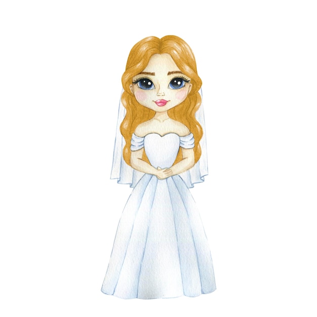 Ilustração em aquarela de uma noiva em um vestido branco