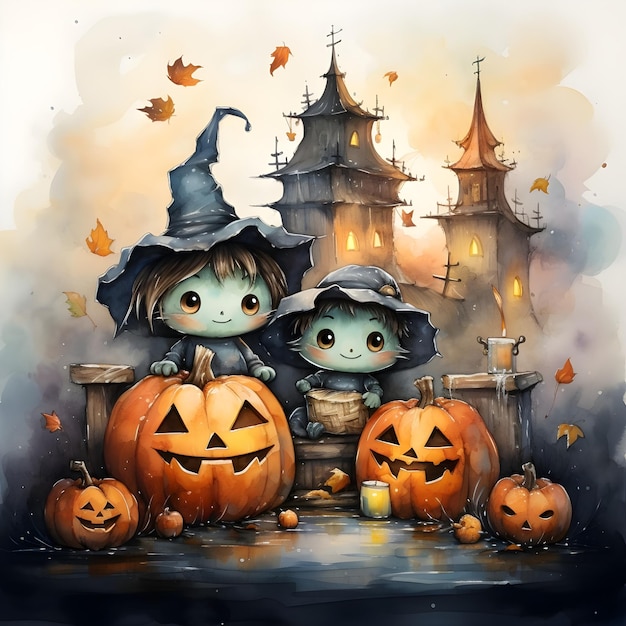 Ilustração em aquarela de uma postagem engraçada nas redes sociais para um evento de festa de Halloween