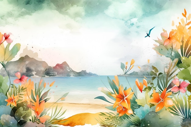 Ilustração em aquarela de uma praia de verão com fundo de pássaro voador IA gerada