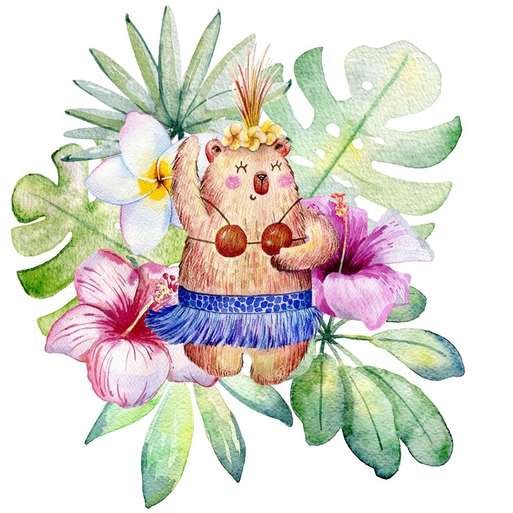 Foto ilustração em aquarela de urso dançando isolada no fundo branco