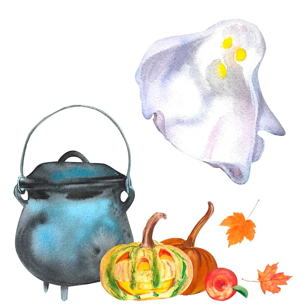 Ilustração em aquarela do caldeirão de bruxa de ferro fundido vintage, abóbora de halloween, fantasma bonito, isolada