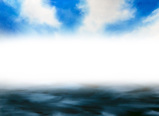 Ilustração em aquarela do céu azul da paisagem do mar do norte com uma faixa branca desfocada no meio