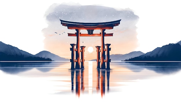 Ilustração em aquarela do dia de Showa com o tradicional portão japonês ao pôr-do-sol