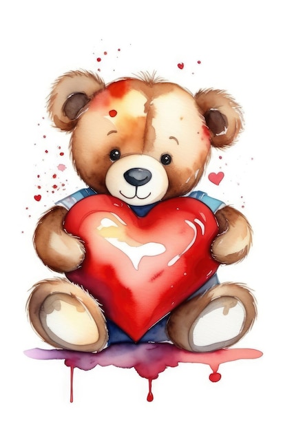 Ilustração em aquarela do Dia dos Namorados, personagem de desenho animado fofo de ursinho de pelúcia segurando um grande coração vermelho