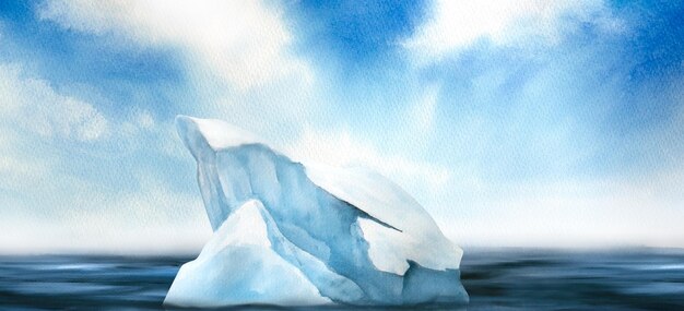 Ilustração em aquarela do iceberg de céu azul da paisagem do mar do norte