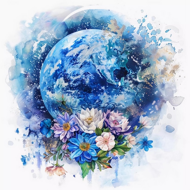 Ilustração em aquarela do planeta Terra com decoração de flores Esboço de tatuagem Dia da Terra