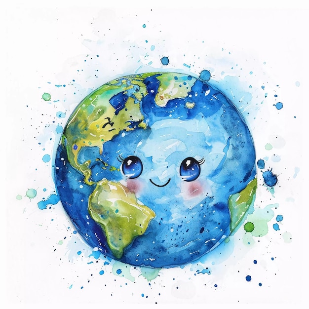 Ilustração em aquarela do planeta Terra com emoção alegre e sorriso Dia da Terra