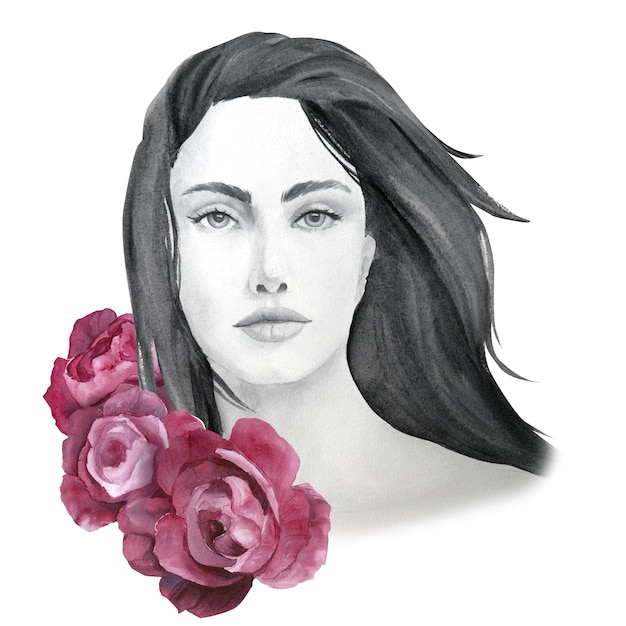 Ilustração em aquarela do retrato de uma linda garota em preto e branco com rosas de peônia magenta isoladas em uma silhueta suave de fundo branco