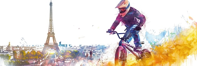 Foto ilustração em aquarela dos jogos olímpicos de verão em paris bmx freestyle no fundo da torre eiffel e um panorama dos pontos turísticos de paris