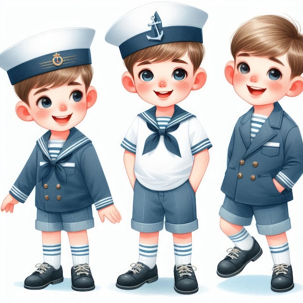 Ilustração em aquarela em 2D de uma criança vestindo um uniforme de marinheiro