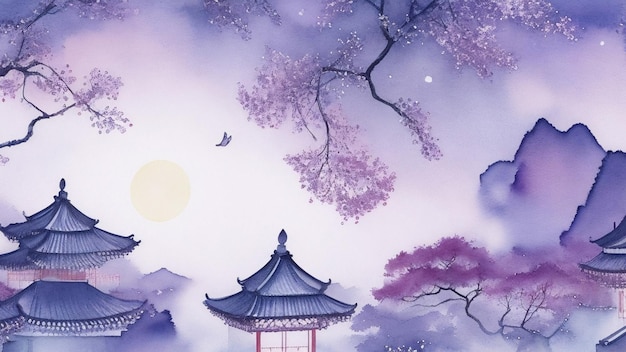 Foto ilustração em aquarela gradiente roxo do templo chinês com fundo de flor de cerejeira