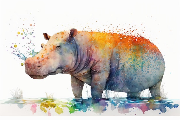 Ilustração em aquarela hipopótamo fundo branco Generative AI