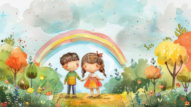 Ilustração em aquarela infantil de um menino e uma menina de mãos dadas contra o fundo do arco-íris