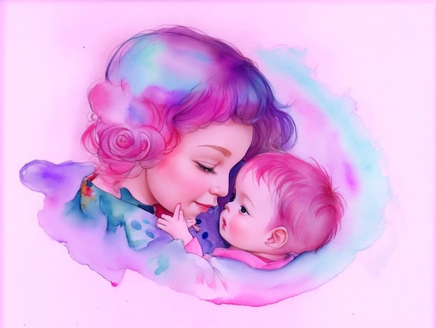 Ilustração em aquarela linda menina com mãe e gerada por IA