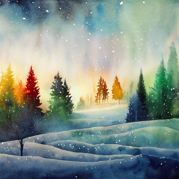 Ilustração em aquarela paisagem de inverno frio fundo de natureza nevada natal temporada de férias cartão postal floresta colorida papel de parede desenhado à mão