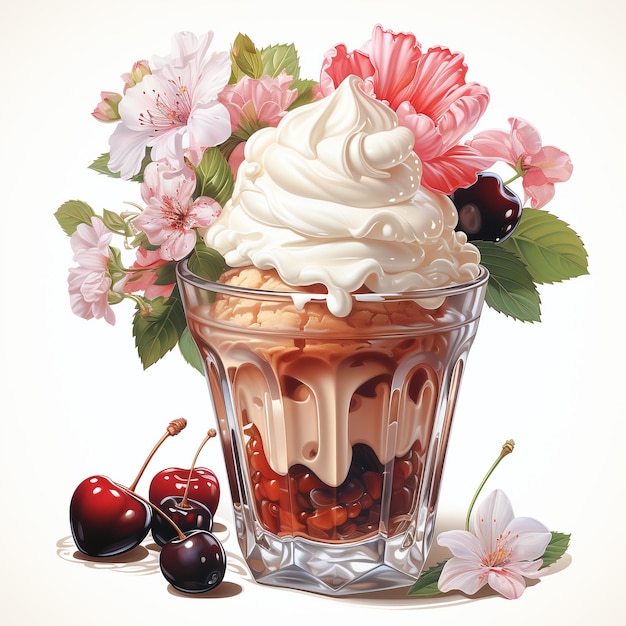Ilustração em aquarela realista de sorvete com coberturas de flores morango no fundo branco