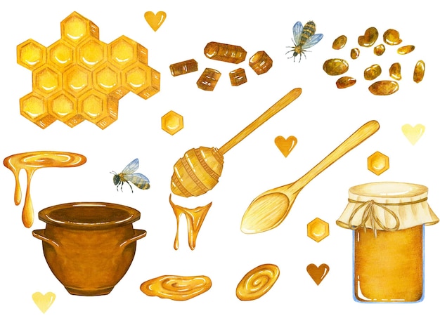 Ilustração em aquarela sobre o tema do mel Na rede favos de mel abelhas colheres de pólen gotas de mel
