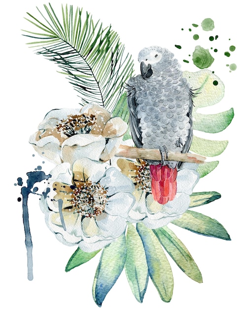 Ilustração em aquarela tropical com papagaio e flores