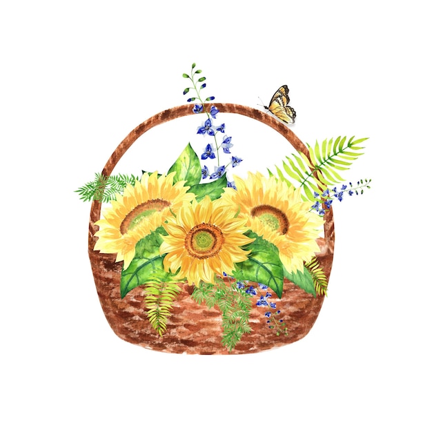 Ilustração em aquarela Uma cesta cheia de girassóis e samambaias com borboleta