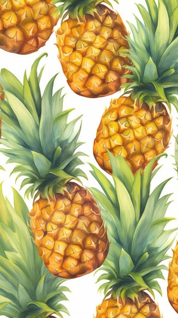 Ilustração em aquarela vertical de frutas orgânicas frescas de abacaxi