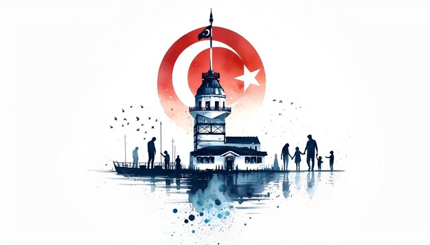 Ilustração em estilo aquarela celebrando a soberania nacional e o dia da criança na Turquia