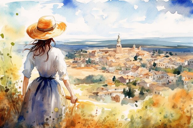 Ilustração em estilo aquarela Linda garota de vestido e chapéu olhando para a bela paisagem da vila da colina Vista por trás Viaje e relaxe Generative AI