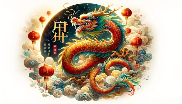 Ilustração em estilo aquarela para o ano novo lunar de 2024 celebrando o ano do dragão