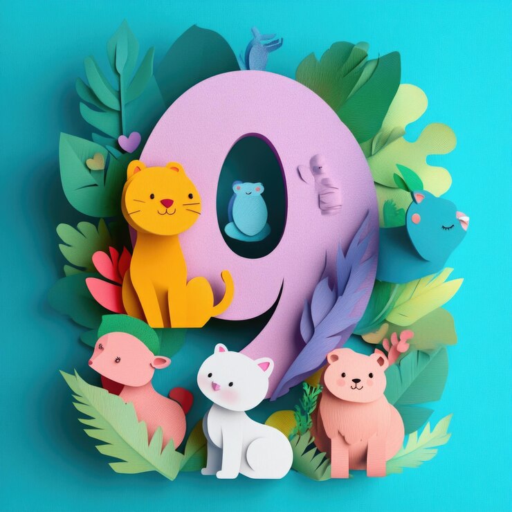 Foto ilustração em estilo de corte de papel colorido 3d texto caprichoso 9 feito de animais bonitos