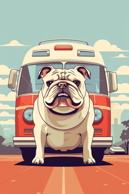 Foto ilustração em estilo de desenho animado de um bulldog sentado na frente de um ônibus