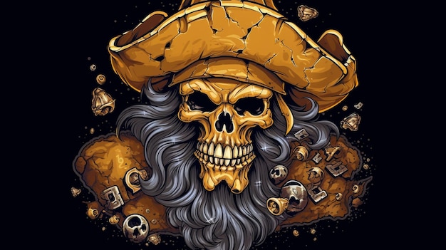 Ilustração em estilo de desenho animado de um logotipo vetorial de crânio em estilo pirata em fundo sólido