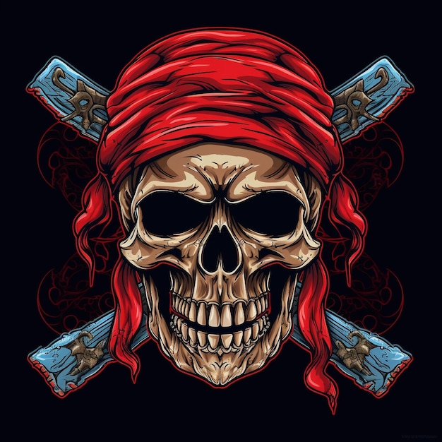 Foto ilustração em estilo de desenho animado de um logotipo vetorial de crânio em estilo pirata em fundo sólido