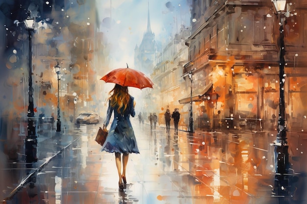 ilustração em estilo de pintura a óleo, uma mulher sob um guarda-chuva vermelho caminha pela cidade na chuva