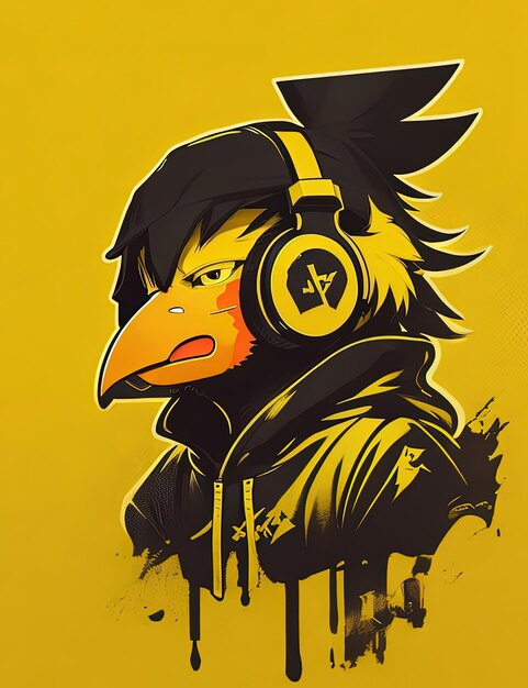 ilustração em estilo graffiti de um pássaro usando fones de ouvido e uma jaqueta