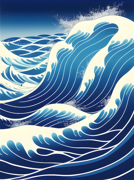 Ilustração em estilo japonês de ondas no mar