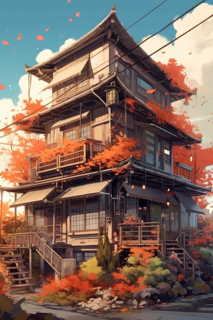 Ilustração em estilo japonês de uma casa