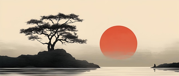 Ilustração em estilo japonês do pôr do sol sobre o lago