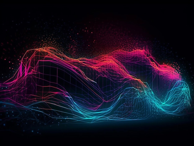 Ilustração em estilo neon que representa visualmente uma onda futurista de visualização de big data conectando uma rede neural e movendo-se pela terra Generative AI