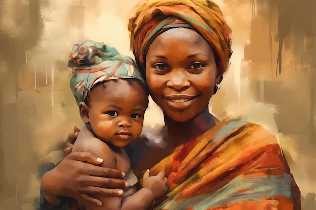 Ilustração em estilo pictórico de uma mãe africana com seu bebê retratando um retrato alegre e otimista Generative AI