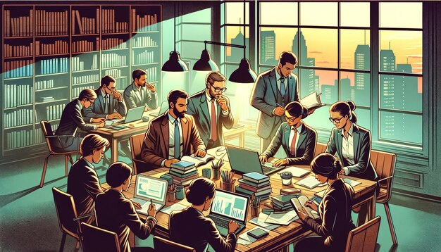 Foto ilustração em estilo retro um grupo de empresários multiétnicos trabalhando