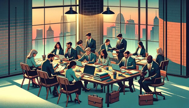 Ilustração em estilo retro um grupo de empresários multiétnicos trabalhando