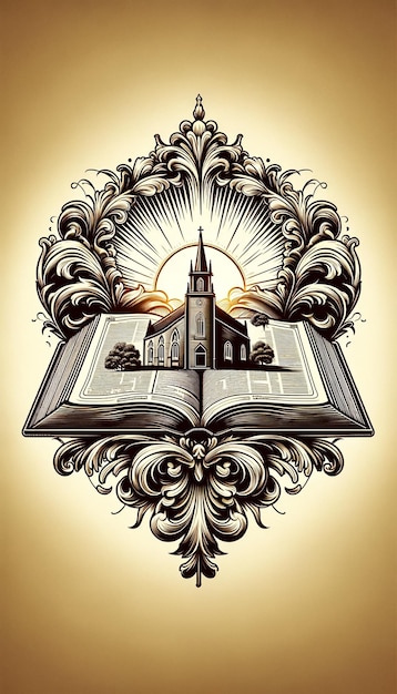 Ilustração em estilo rococó e retro retratando uma bíblia aberta com uma silhueta de igreja na frente