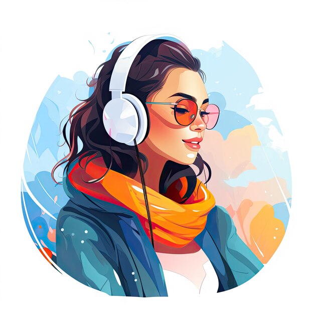 Foto ilustração em fundo branco de uma mulher usando fones de ouvido ouvindo música