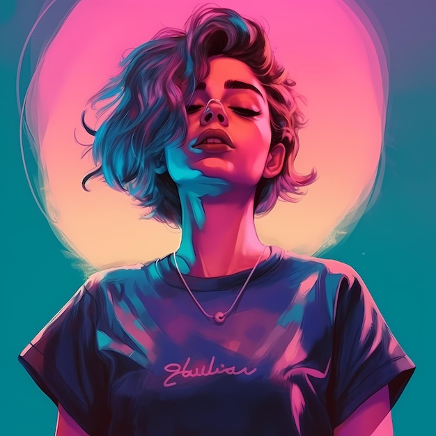 Ilustração em neon de uma jovem no estilo vaporwave retrô dos anos 90