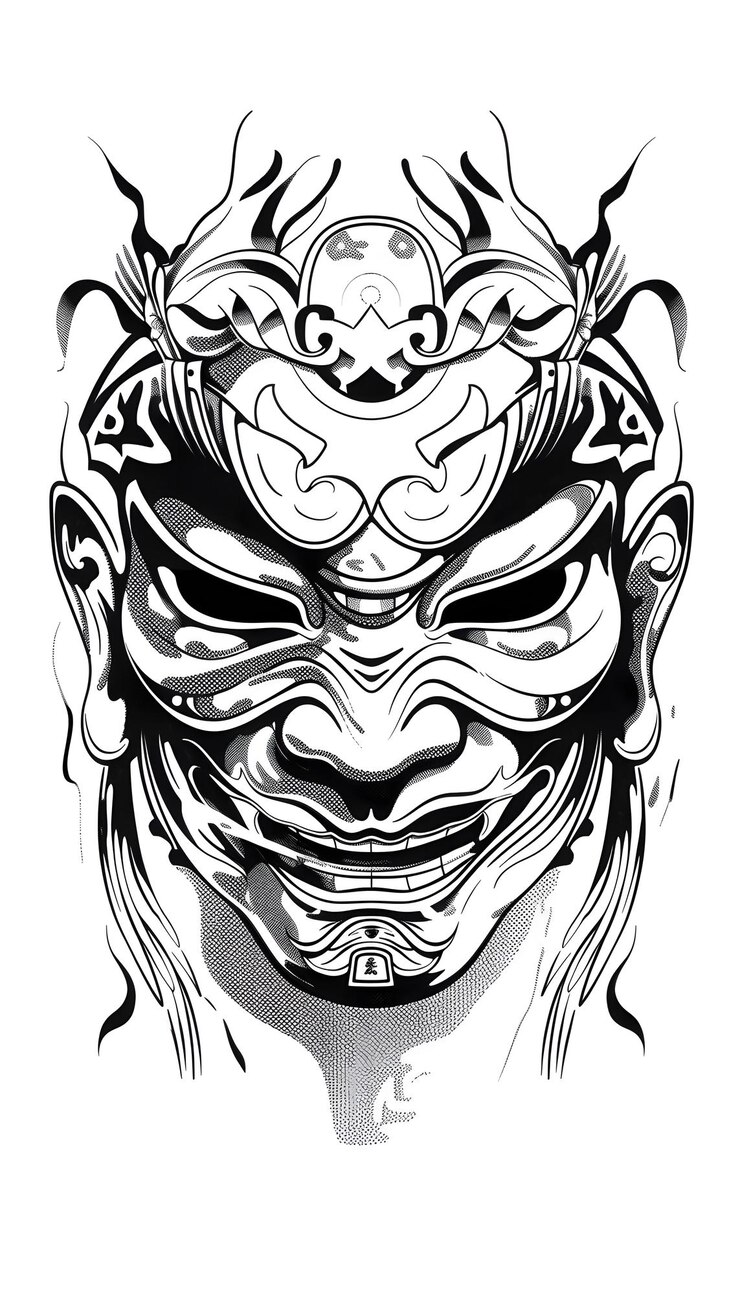 Foto ilustração em preto e branco da máscara tribal okame tattoo