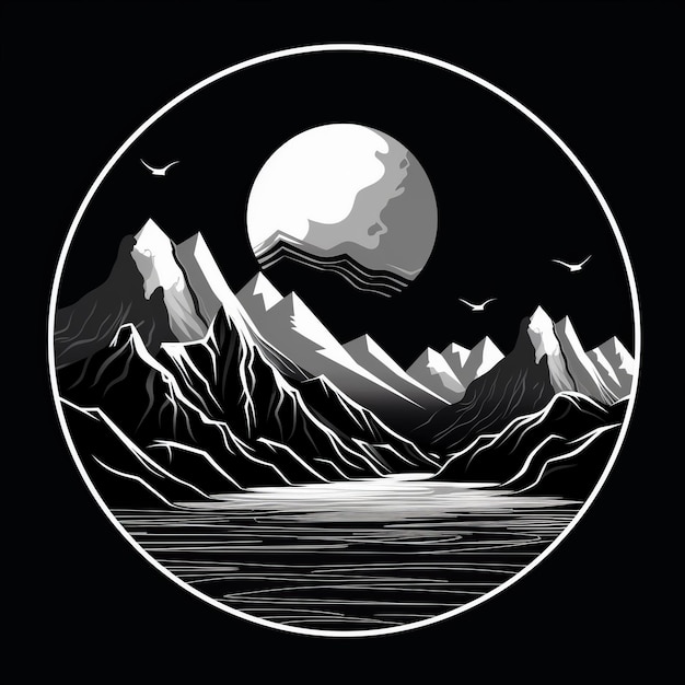 Ilustração Em Preto E Branco Das Montanhas, Lua E Lago