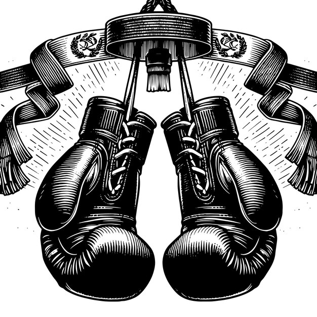 Foto ilustração em preto e branco de luvas de boxe suspensas