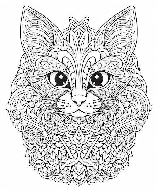 Foto ilustração em preto e branco de mandala para colorir animais gato foco suave seletivo
