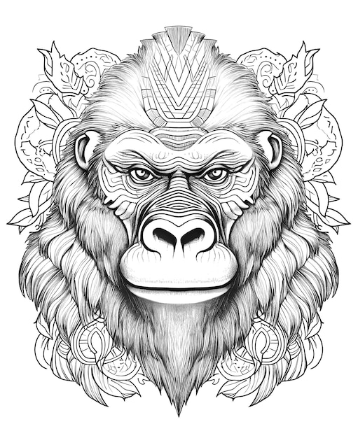 Ilustração em preto e branco de mandala para colorir animais macaco