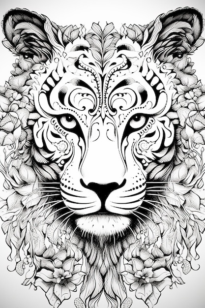 Ilustração em preto e branco de mandala para colorir animais tigre Foco suave seletivo